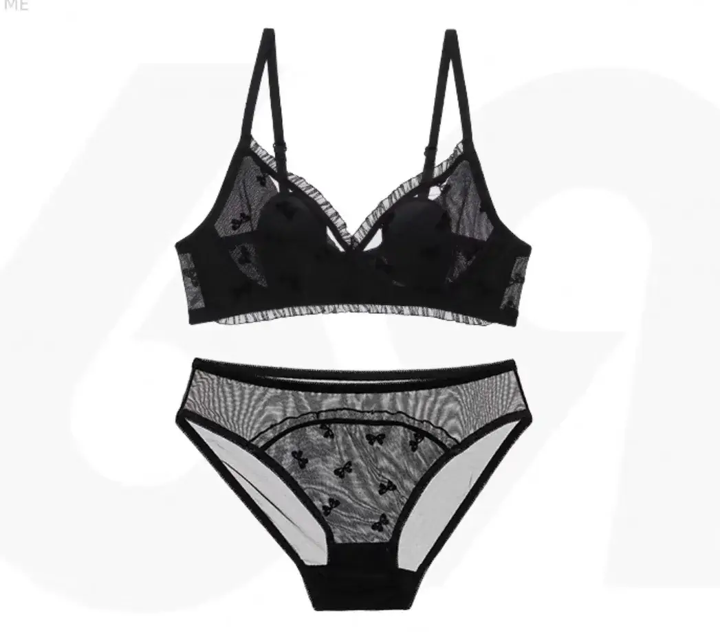 French Underwear for Women Sweet Girl Sexy Big Chest Small No Steel Ring Rabbit Ears Crystal Cup Bra Suit - Image 4