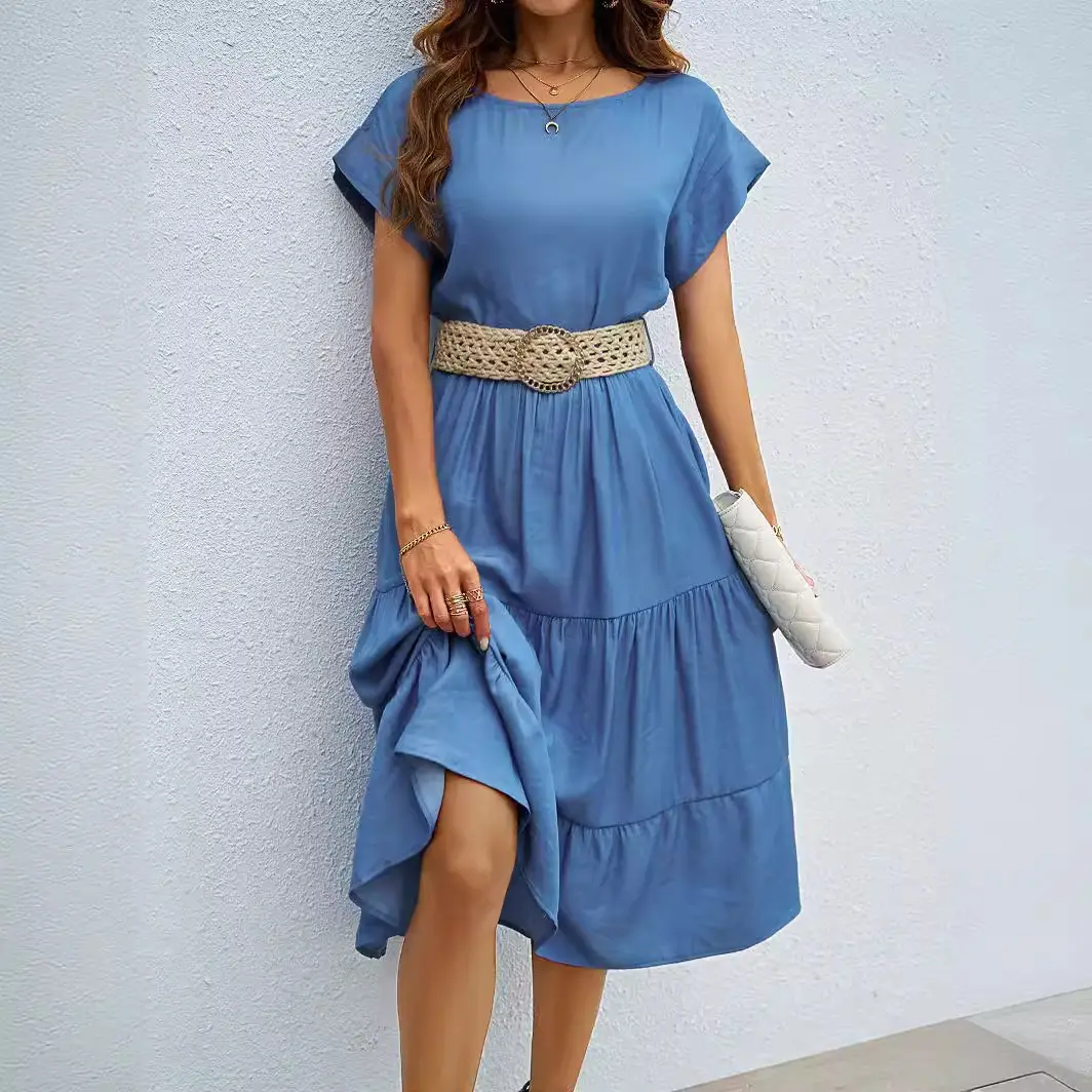 Blue Casual Mid-Length Dress Women Summer - Image 8