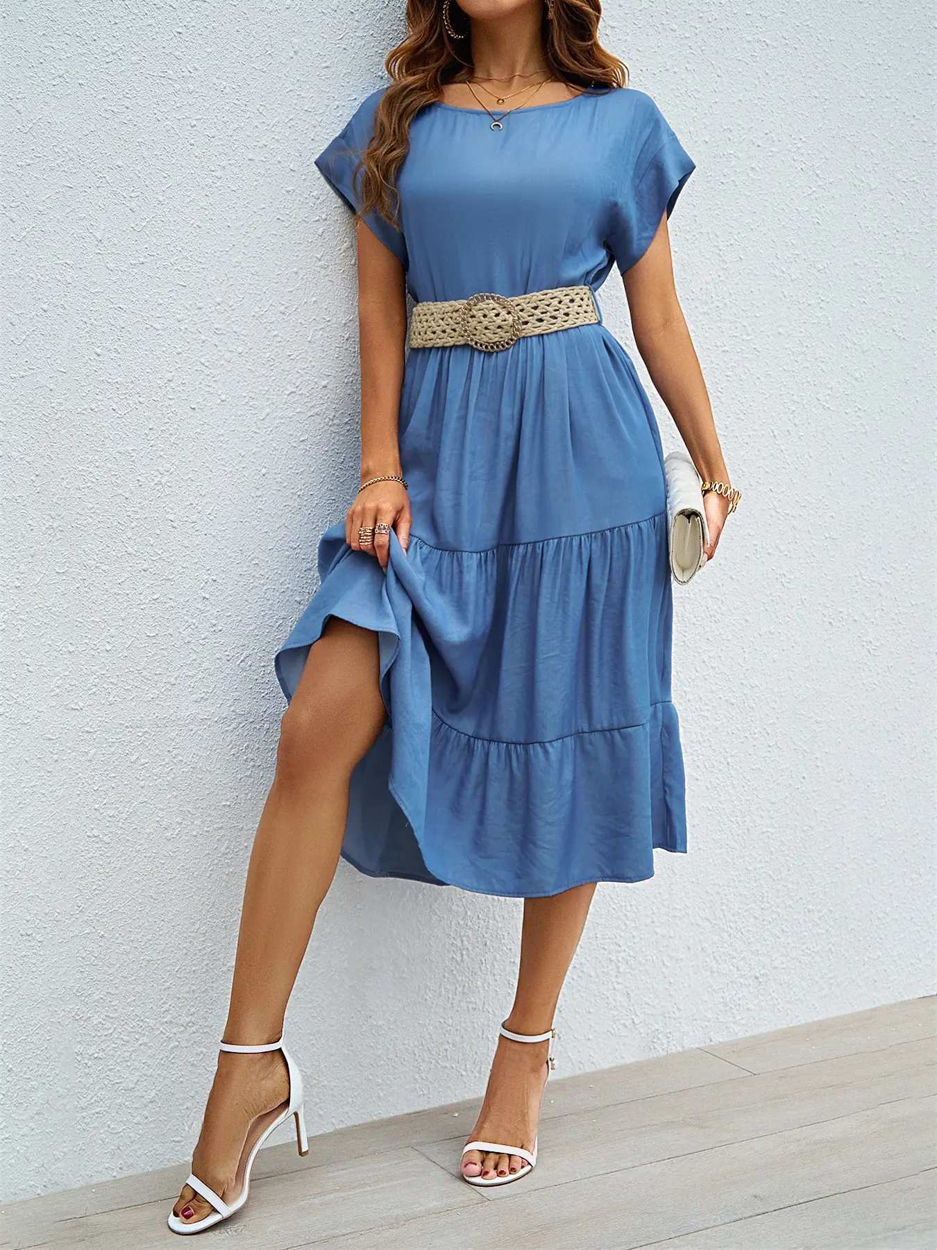 Blue Casual Mid-Length Dress Women Summer - Image 4