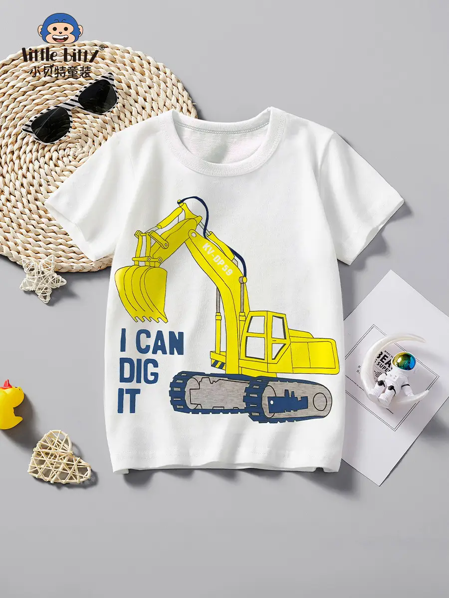 White Crewneck T-Shirt for Boys with Yellow Excavator Print - Image 2