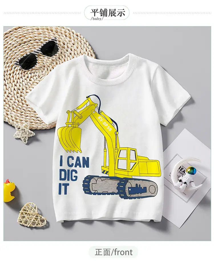 White Crewneck T-Shirt for Boys with Yellow Excavator Print — feature 6