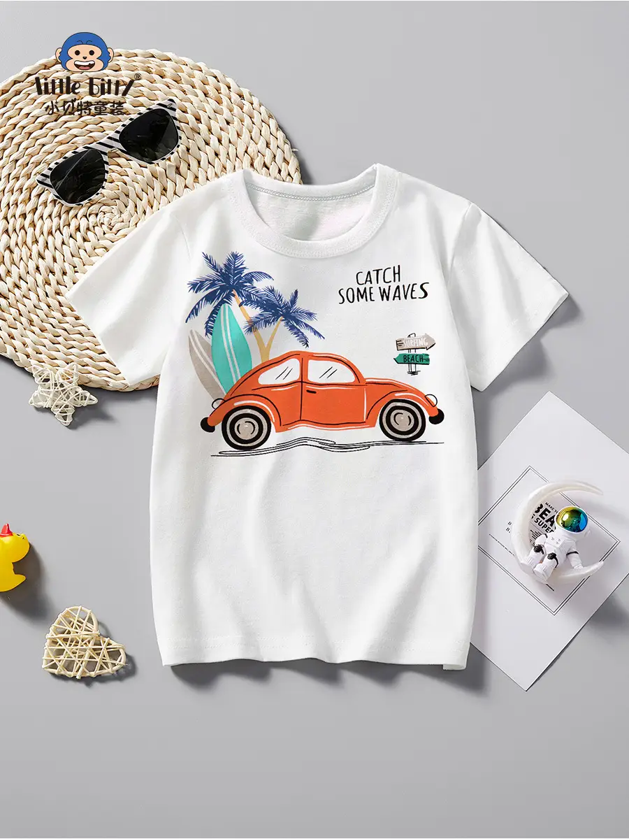 2025 Summer Boys White Short Sleeve T-Shirt with Cartoon Car Pattern - Image 4