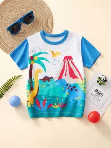 2025 Summer Boys White Short Sleeve T-Shirt with Cartoon Car Pattern - Image 2
