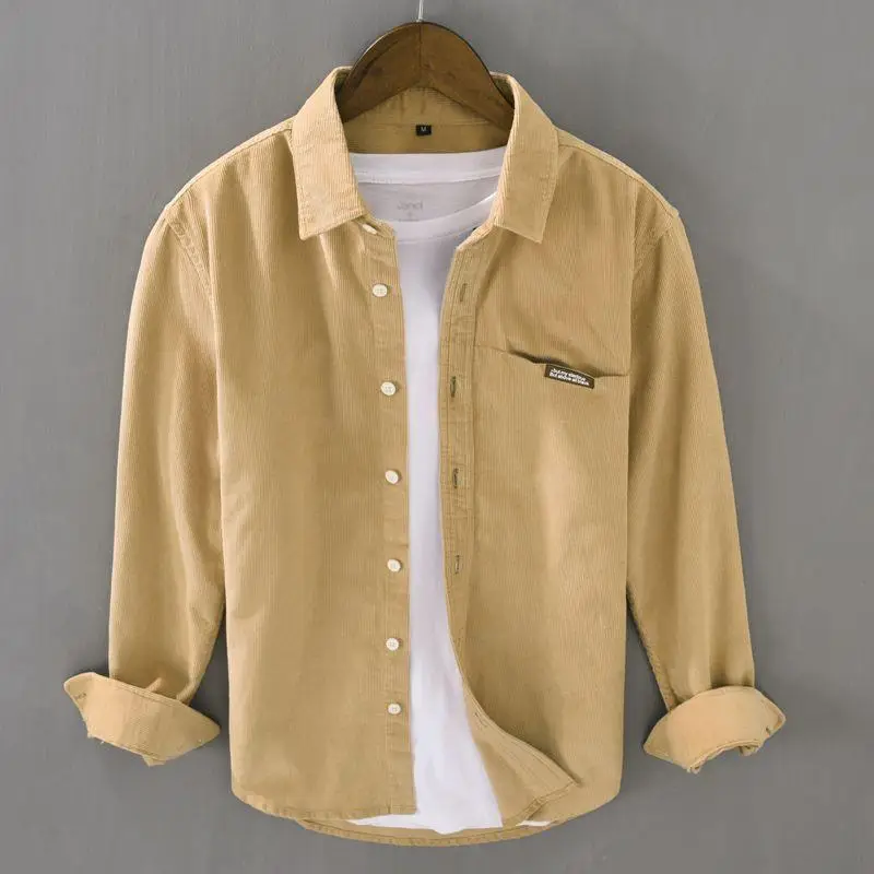 Men's Beige Corduroy Button Down Shirt - Image 6
