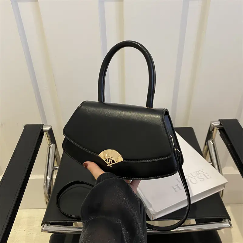 Black Square Shoulder Crossbody Bag with Gold Clasp - Image 7