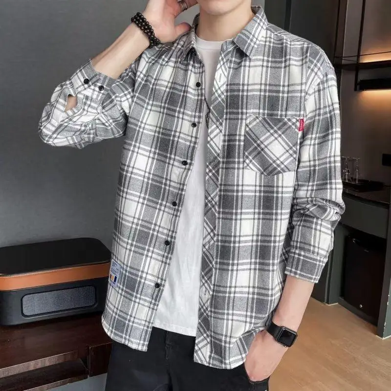 Men's Long Sleeve Plaid Shirt Grey White Loose Hong Kong Style - Image 16