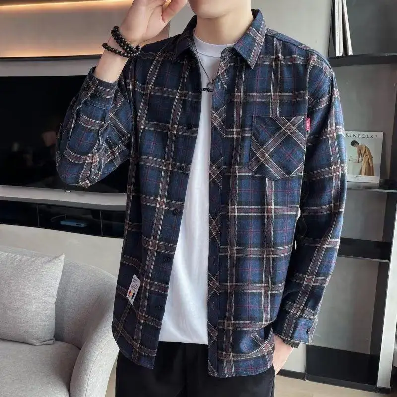 Men's Long Sleeve Plaid Shirt Grey White Loose Hong Kong Style - Image 17
