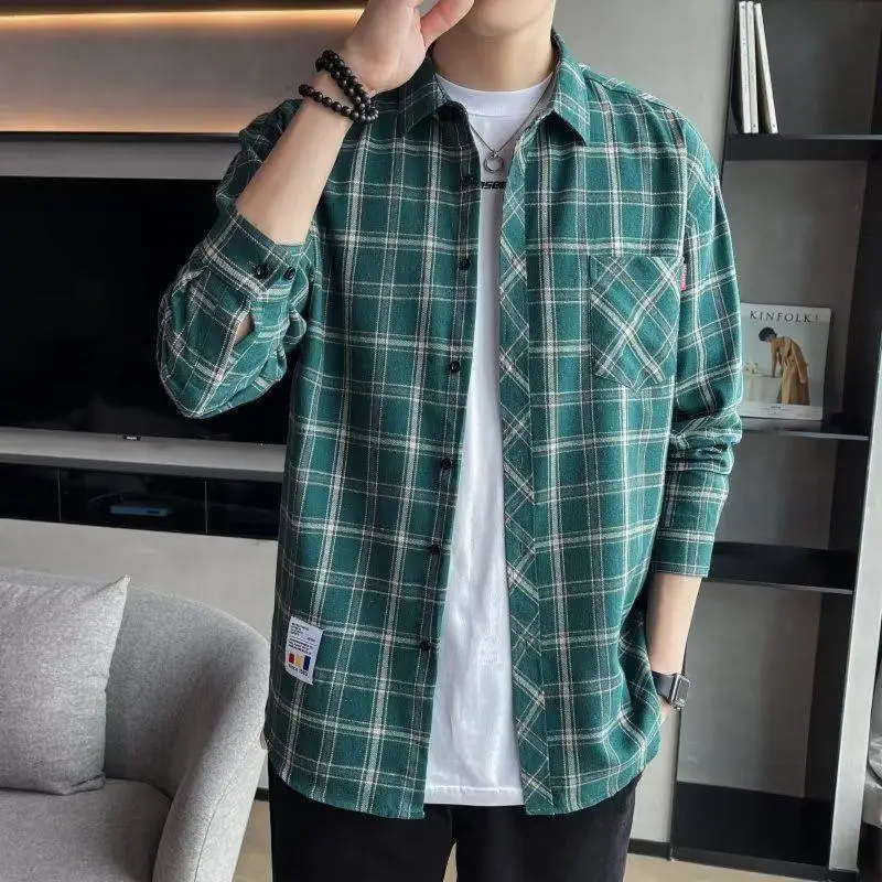 Men's Long Sleeve Plaid Shirt Grey White Loose Hong Kong Style - Image 19