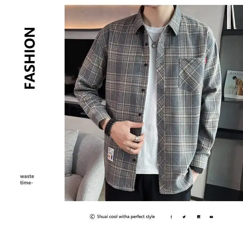 Men's Long Sleeve Plaid Shirt Grey White Loose Hong Kong Style — feature 10