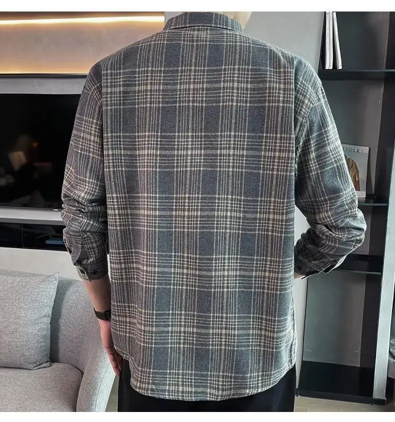 Men's Long Sleeve Plaid Shirt Grey White Loose Hong Kong Style — feature 11