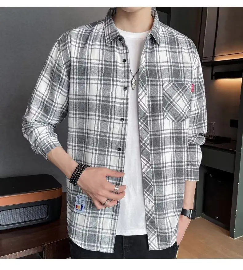 Men's Long Sleeve Plaid Shirt Grey White Loose Hong Kong Style — feature 12
