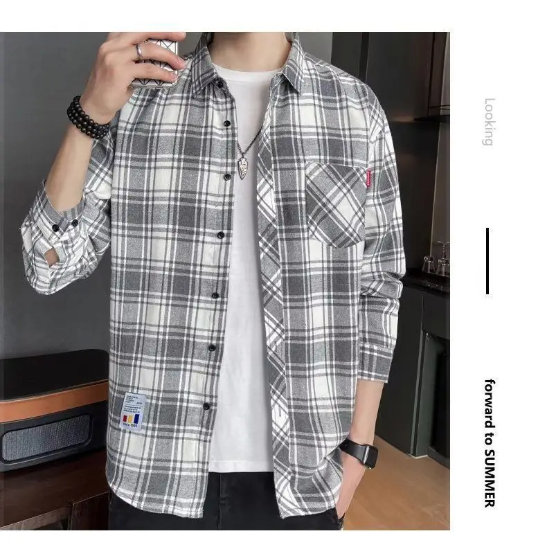 Men's Long Sleeve Plaid Shirt Grey White Loose Hong Kong Style — feature 13