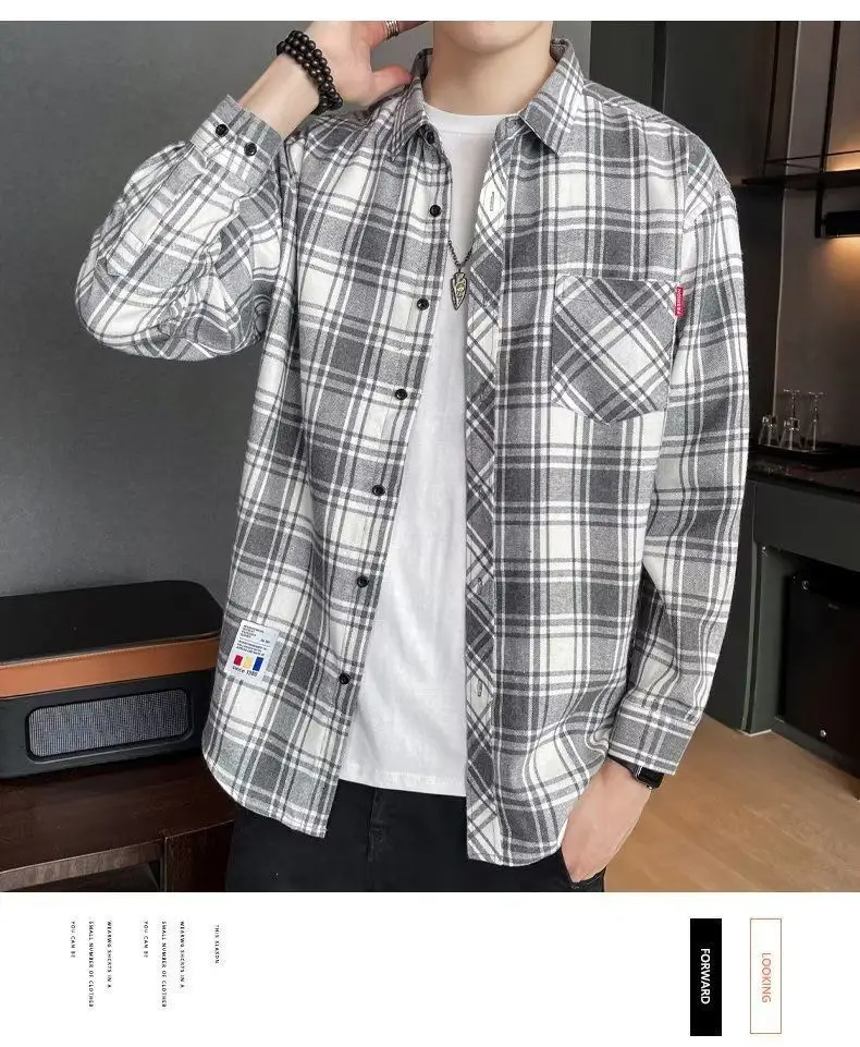 Men's Long Sleeve Plaid Shirt Grey White Loose Hong Kong Style — feature 14