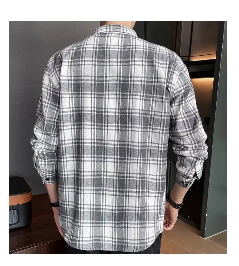 Men's Long Sleeve Plaid Shirt Grey White Loose Hong Kong Style — feature 15