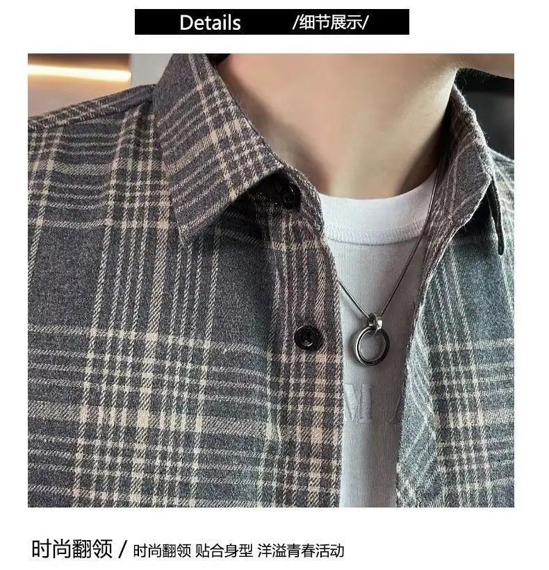 Men's Long Sleeve Plaid Shirt Grey White Loose Hong Kong Style — feature 16