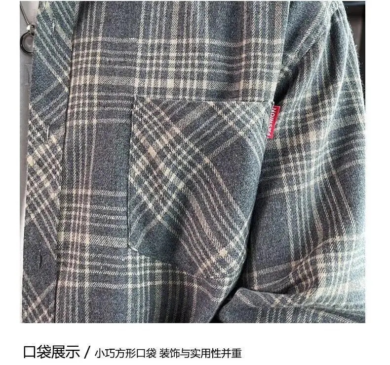 Men's Long Sleeve Plaid Shirt Grey White Loose Hong Kong Style — feature 18