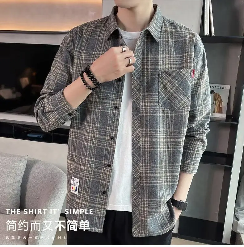 Men's Long Sleeve Plaid Shirt Grey White Loose Hong Kong Style — feature 2