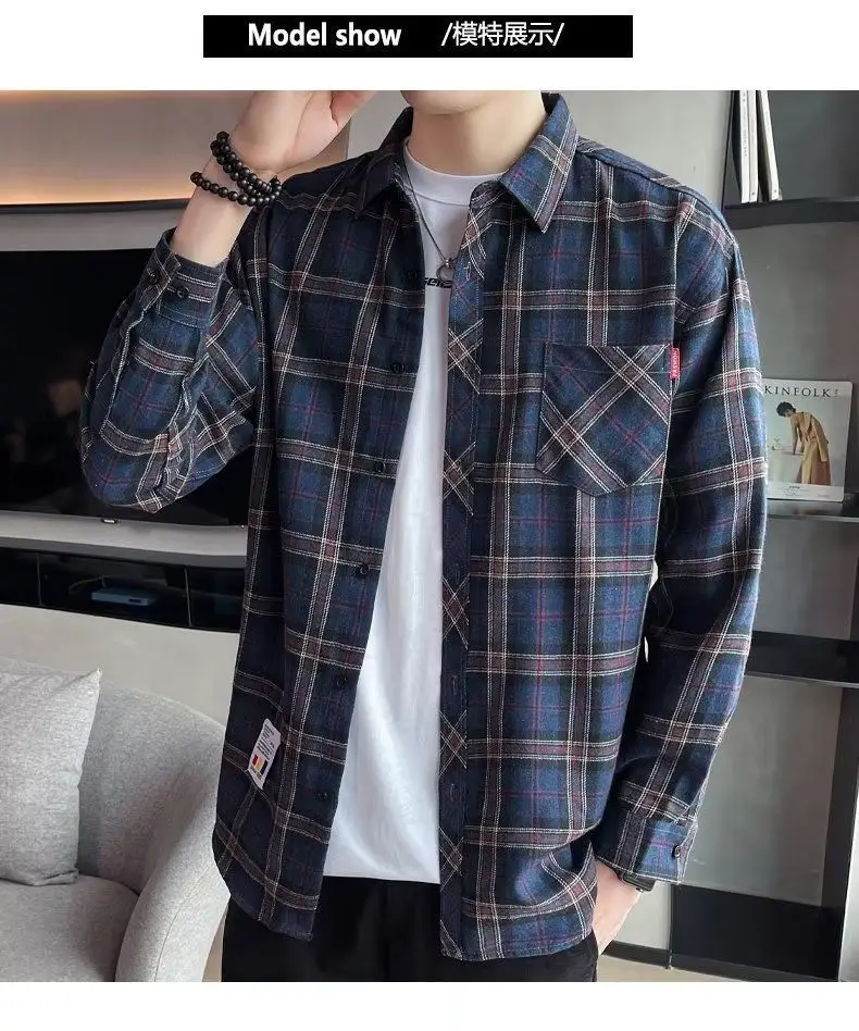 Men's Long Sleeve Plaid Shirt Grey White Loose Hong Kong Style — feature 22