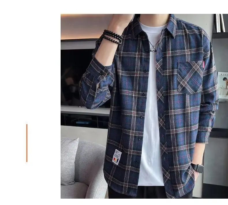 Men's Long Sleeve Plaid Shirt Grey White Loose Hong Kong Style — feature 23
