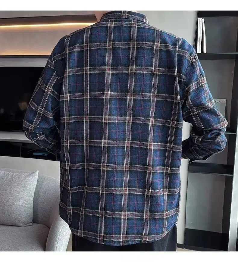 Men's Long Sleeve Plaid Shirt Grey White Loose Hong Kong Style — feature 24