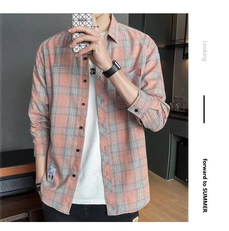 Men's Long Sleeve Plaid Shirt Grey White Loose Hong Kong Style — feature 25