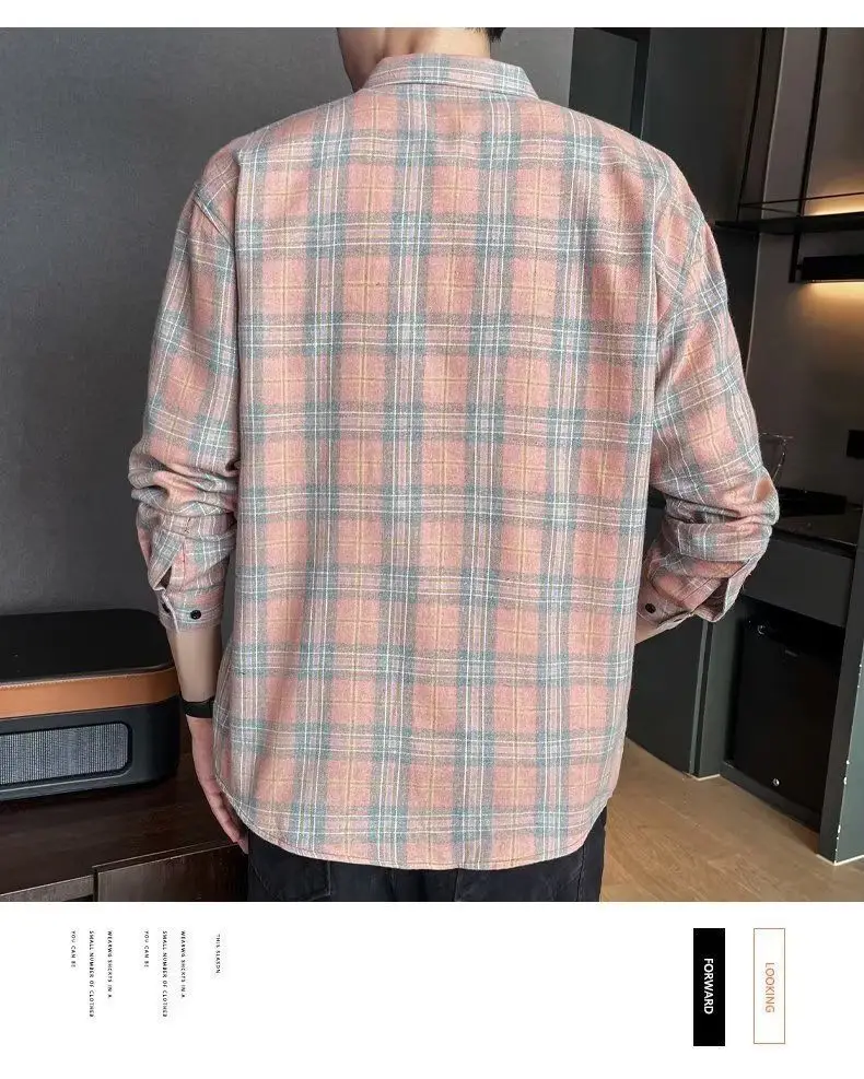 Men's Long Sleeve Plaid Shirt Grey White Loose Hong Kong Style — feature 26