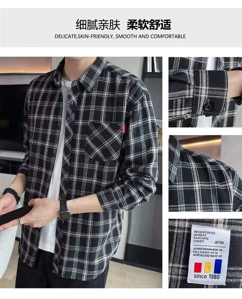 Men's Long Sleeve Plaid Shirt Grey White Loose Hong Kong Style — feature 27