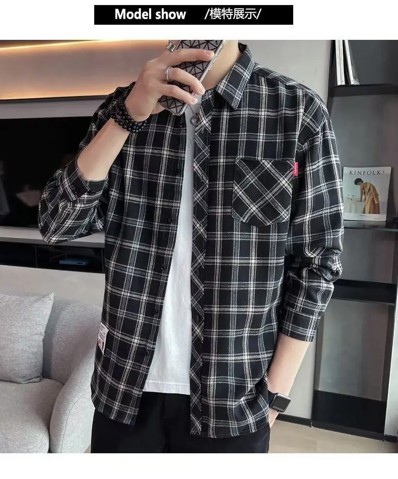 Men's Long Sleeve Plaid Shirt Grey White Loose Hong Kong Style — feature 29