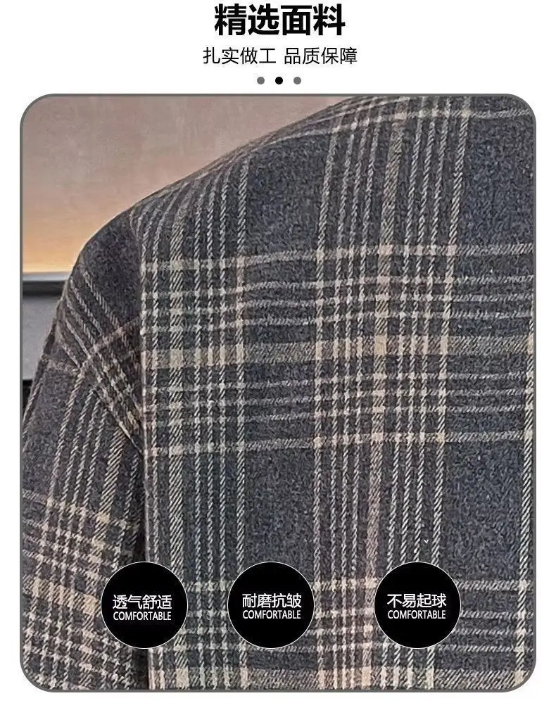 Men's Long Sleeve Plaid Shirt Grey White Loose Hong Kong Style — feature 3