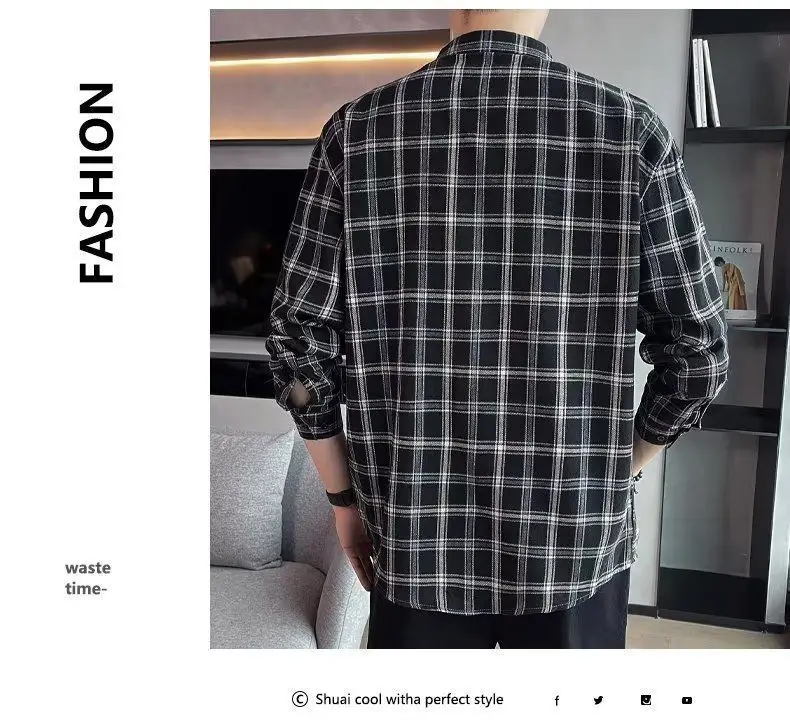 Men's Long Sleeve Plaid Shirt Grey White Loose Hong Kong Style — feature 30