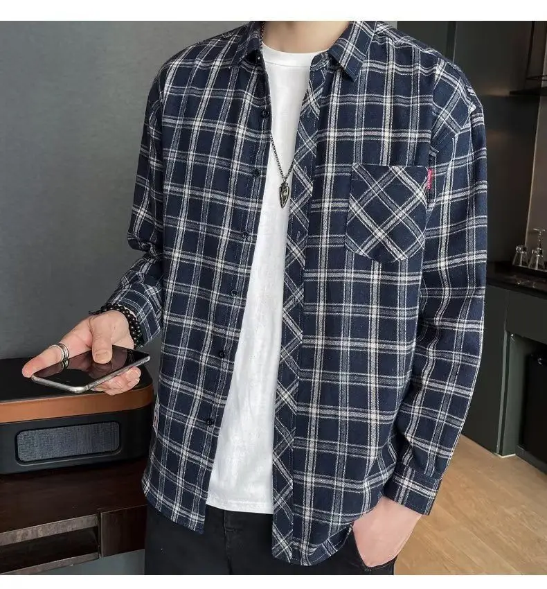 Men's Long Sleeve Plaid Shirt Grey White Loose Hong Kong Style — feature 31