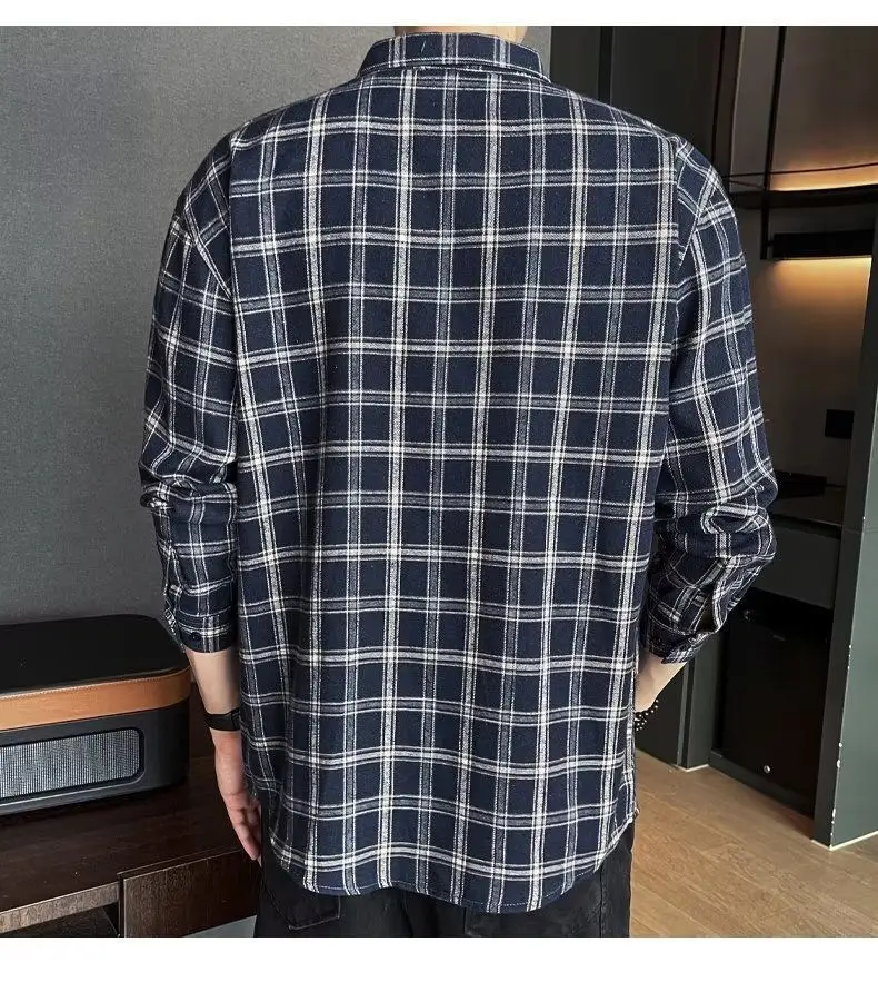 Men's Long Sleeve Plaid Shirt Grey White Loose Hong Kong Style — feature 32