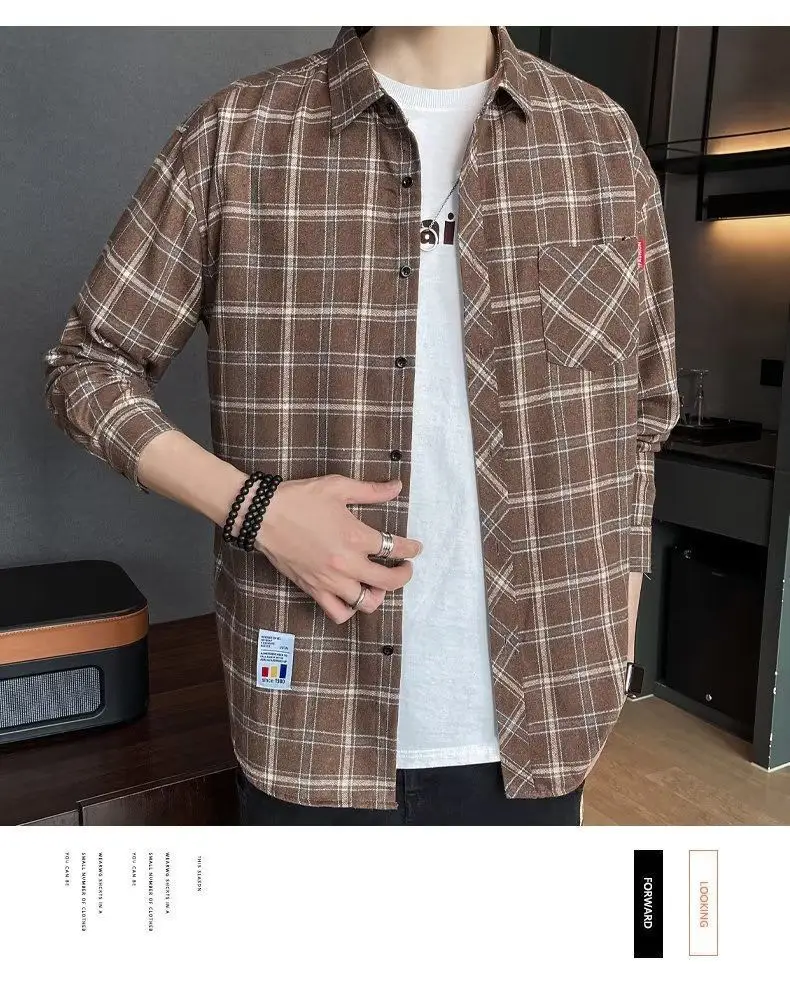 Men's Long Sleeve Plaid Shirt Grey White Loose Hong Kong Style — feature 33