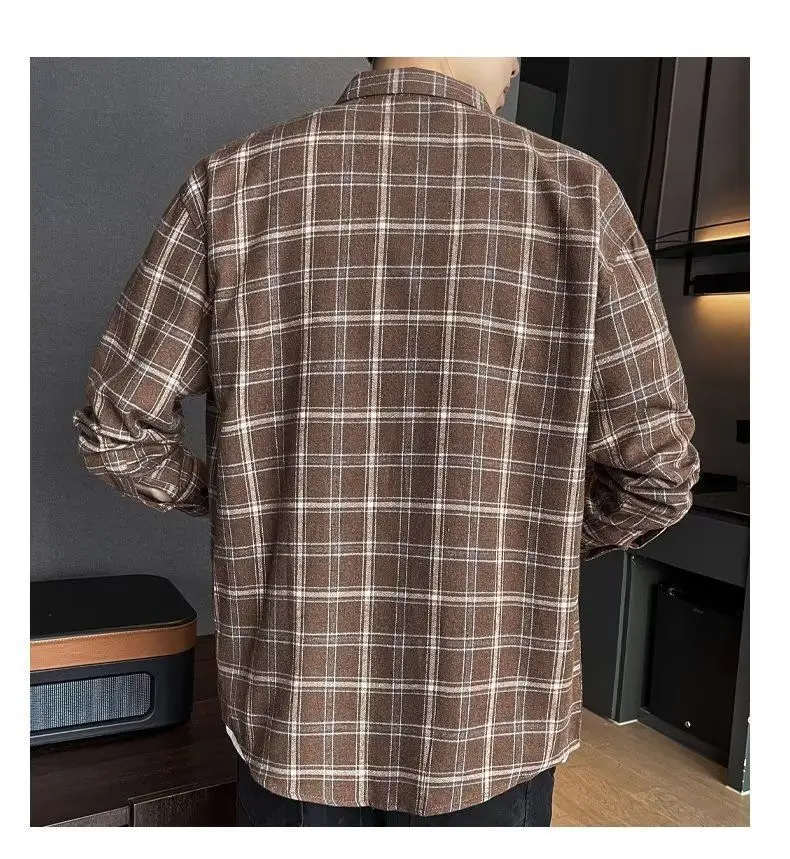 Men's Long Sleeve Plaid Shirt Grey White Loose Hong Kong Style — feature 34