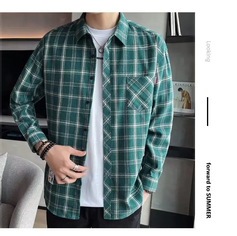 Men's Long Sleeve Plaid Shirt Grey White Loose Hong Kong Style — feature 35