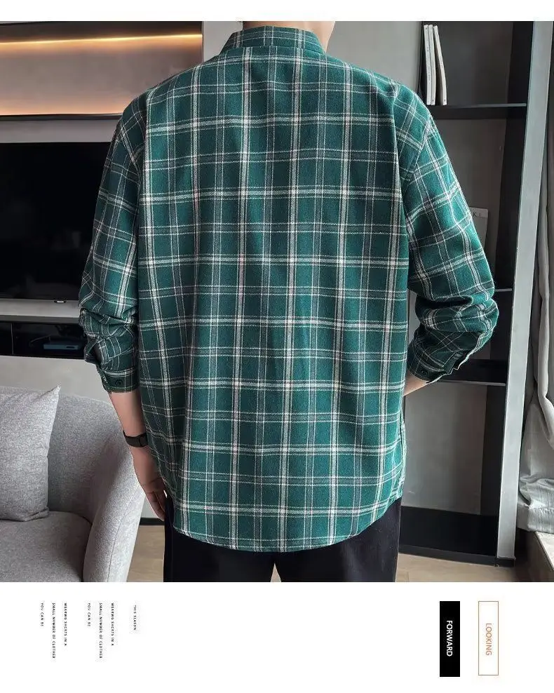 Men's Long Sleeve Plaid Shirt Grey White Loose Hong Kong Style — feature 36