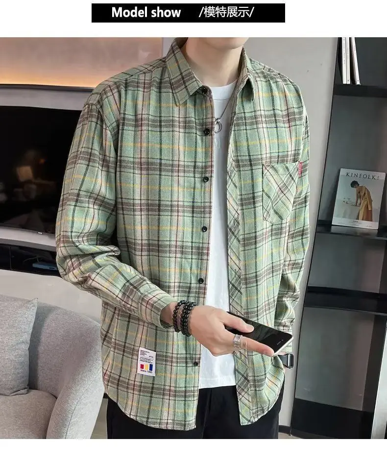 Men's Long Sleeve Plaid Shirt Grey White Loose Hong Kong Style — feature 39
