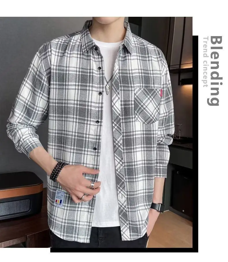 Men's Long Sleeve Plaid Shirt Grey White Loose Hong Kong Style — feature 4