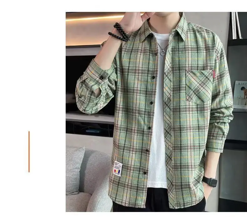 Men's Long Sleeve Plaid Shirt Grey White Loose Hong Kong Style — feature 40