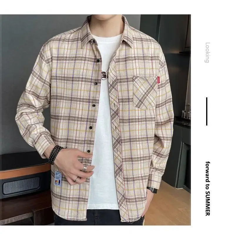 Men's Long Sleeve Plaid Shirt Grey White Loose Hong Kong Style — feature 41