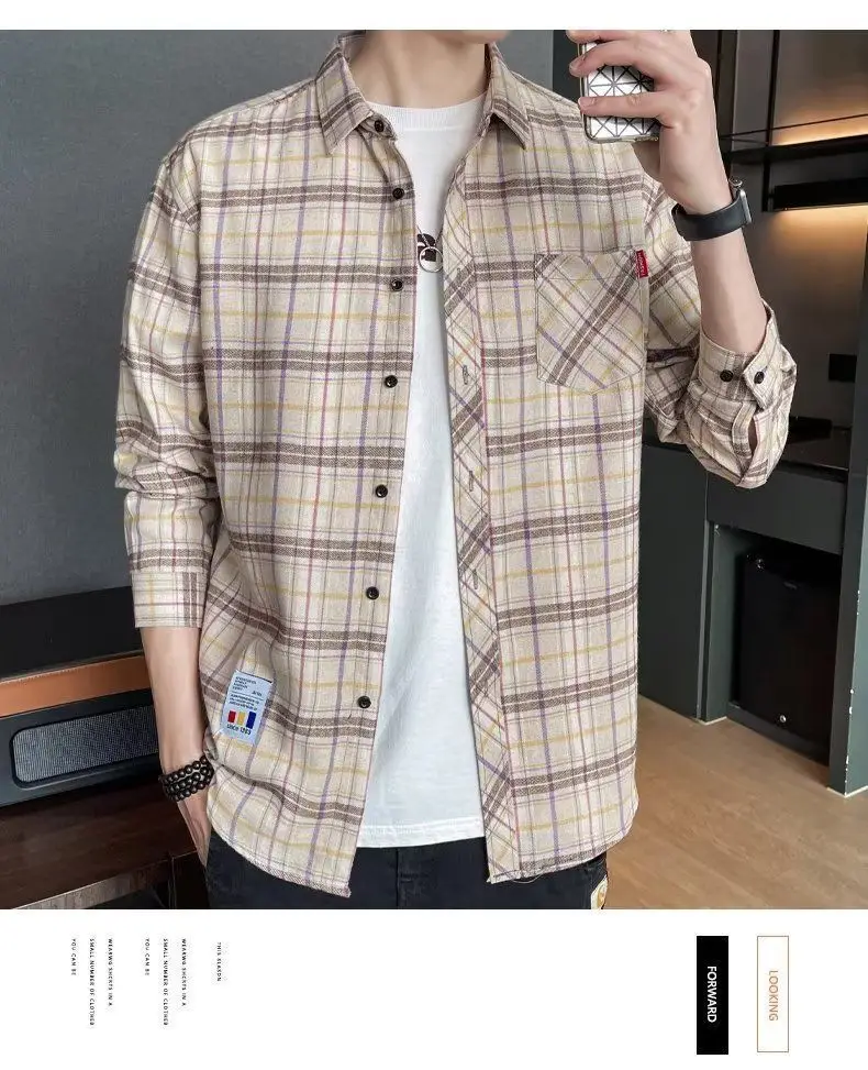 Men's Long Sleeve Plaid Shirt Grey White Loose Hong Kong Style — feature 42