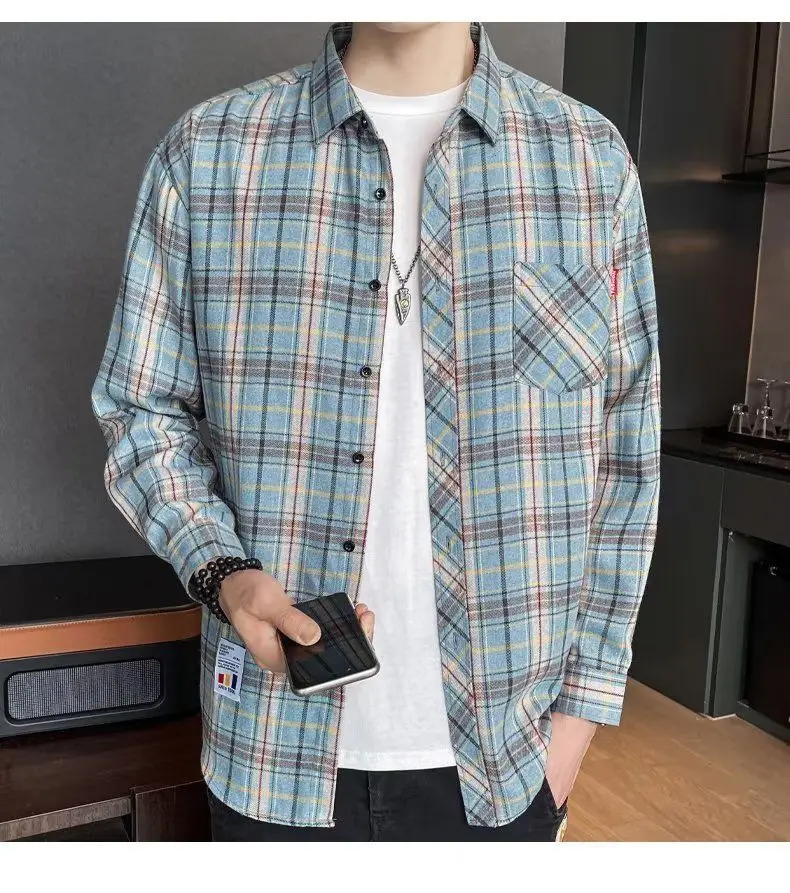 Men's Long Sleeve Plaid Shirt Grey White Loose Hong Kong Style — feature 43
