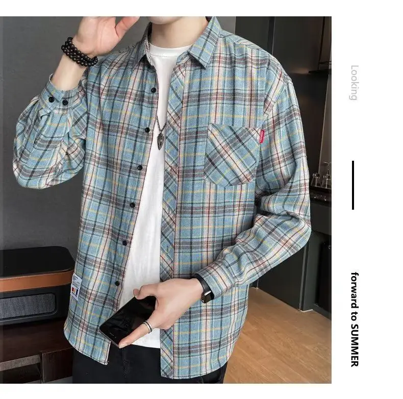 Men's Long Sleeve Plaid Shirt Grey White Loose Hong Kong Style — feature 44