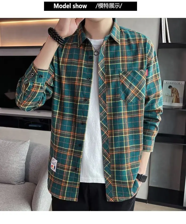 Men's Long Sleeve Plaid Shirt Grey White Loose Hong Kong Style — feature 46