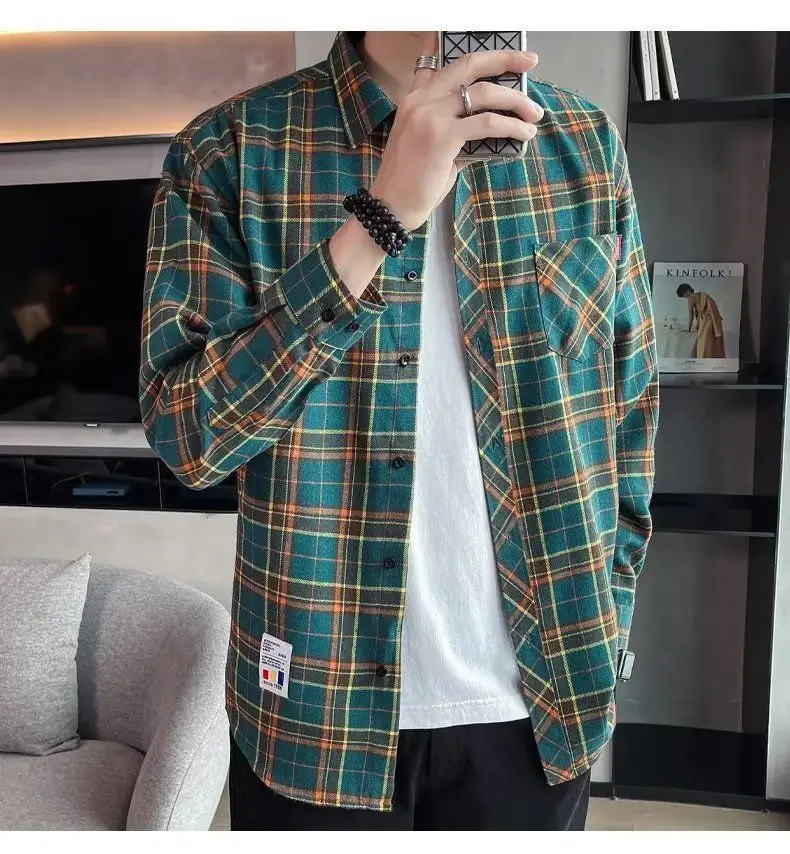 Men's Long Sleeve Plaid Shirt Grey White Loose Hong Kong Style — feature 47