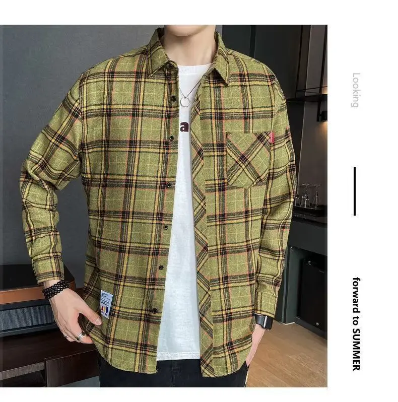Men's Long Sleeve Plaid Shirt Grey White Loose Hong Kong Style — feature 48