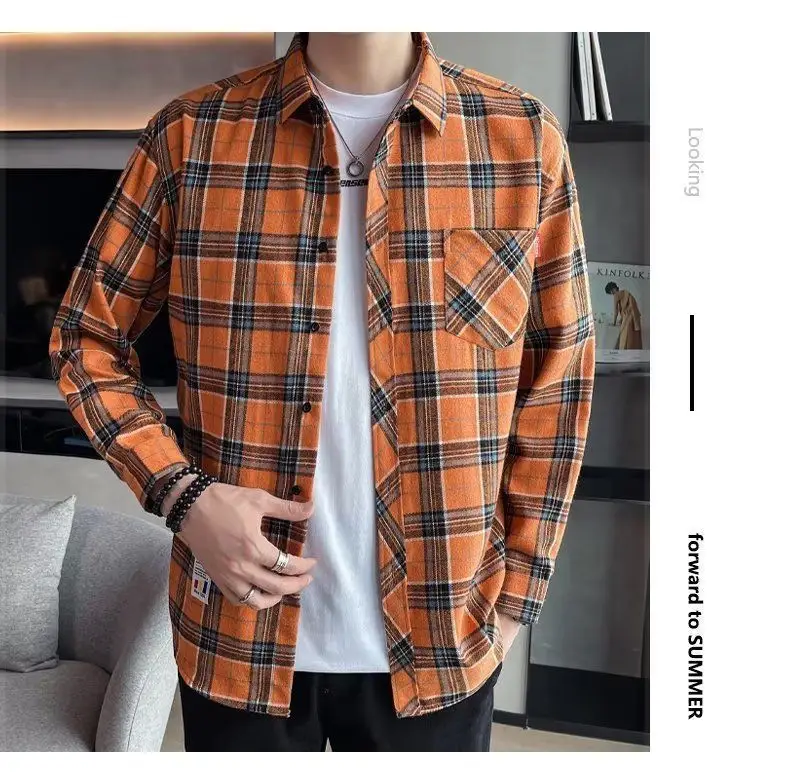 Men's Long Sleeve Plaid Shirt Grey White Loose Hong Kong Style — feature 49