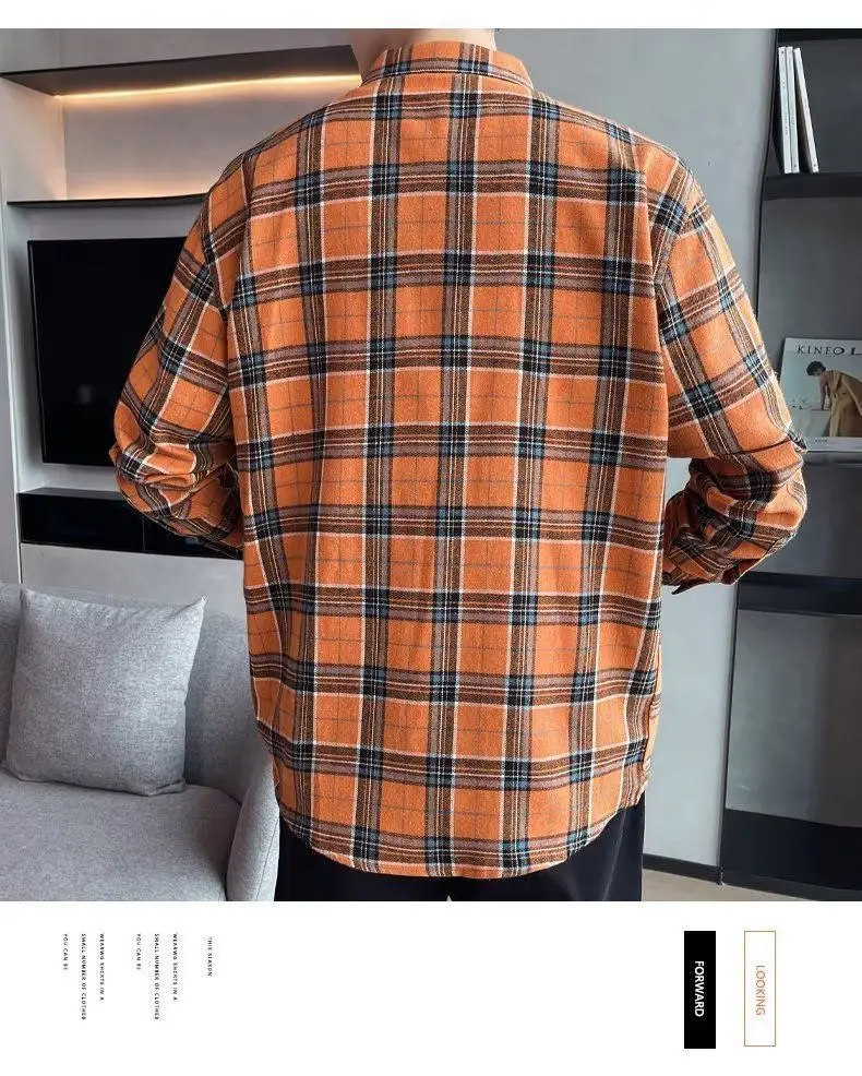 Men's Long Sleeve Plaid Shirt Grey White Loose Hong Kong Style — feature 50