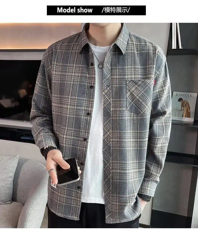 Men's Long Sleeve Plaid Shirt Grey White Loose Hong Kong Style — feature 8