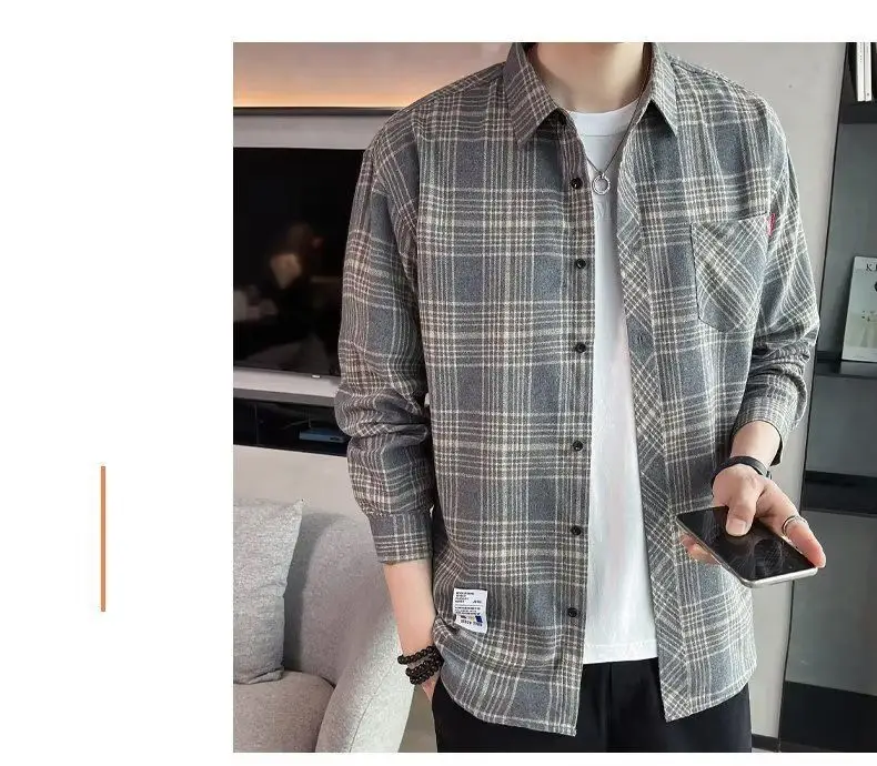 Men's Long Sleeve Plaid Shirt Grey White Loose Hong Kong Style — feature 9